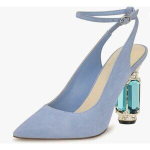 Wansseny Women's Sandles Crystal Chunky High Heel Pointed Toe Slingback Blue